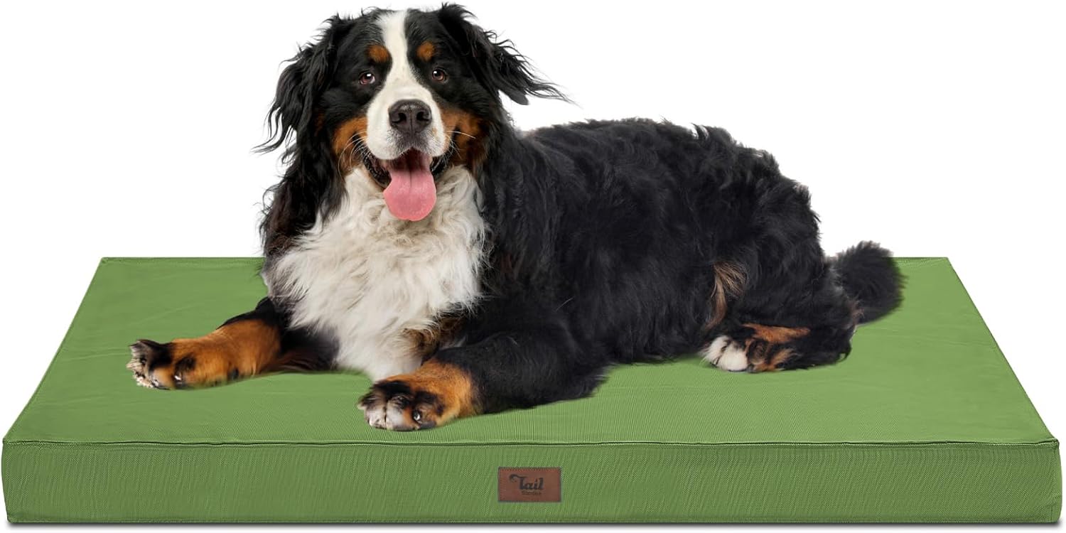Outdoor Extra Large Dog Crate Bed, Big Waterproof Dog Bed for Large Dogs, Orthopedic Egg Foam Pet Bed Mat with Removable Cooling Cover, Light Green