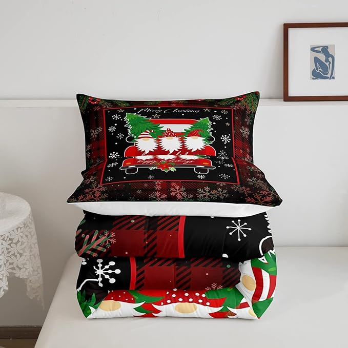 Feelyou Merry Christmas Bedding Sets for Kids, Black White Xmas Tree Car Snowflake Geometric Comforter Set King Size Decor 3 Pcs with 2 Pillow Cases Boys