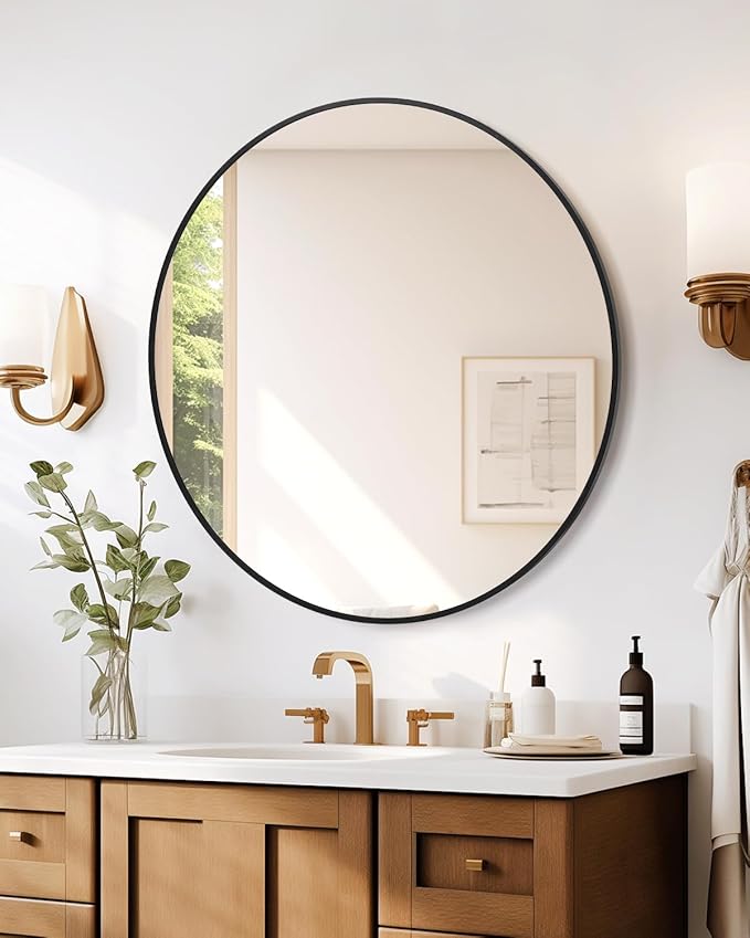 Round Mirror, 32 inch Circle Mirror, HD Eco-Friendly Round Bathroom Mirror for Over Sink, Big Matte Black Metal Framed Wall Mirror for Wall, Vanity, Entryway, Hallway, Living Room, Easy to Install