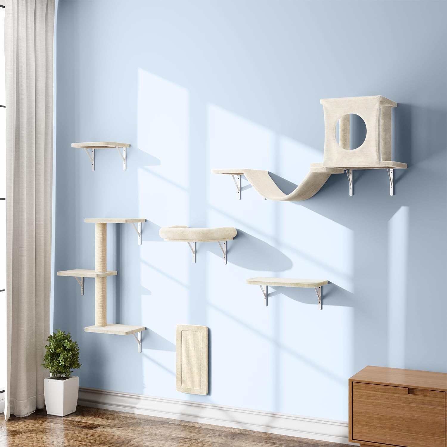 NUNU LAB Cat Wall Shelves, 6 Pcs Luxury Wall-Mounted Cat Climber Set, Indoor Cat Furniture with 1 Condos House, 2 Cat Wall Shelves, 1 Scratching, 1 Bridge Ladder, 1 Scratching Pad, White