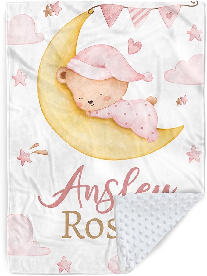 Personalized Baby Blanket for Girls, Custom Name Blanket for Newborn Toddler, Soft Flannel with Double Layer Dotted Backing, Gifts for Baby Shower Christmas Birthday, Pink Moon Bear(60" x80)