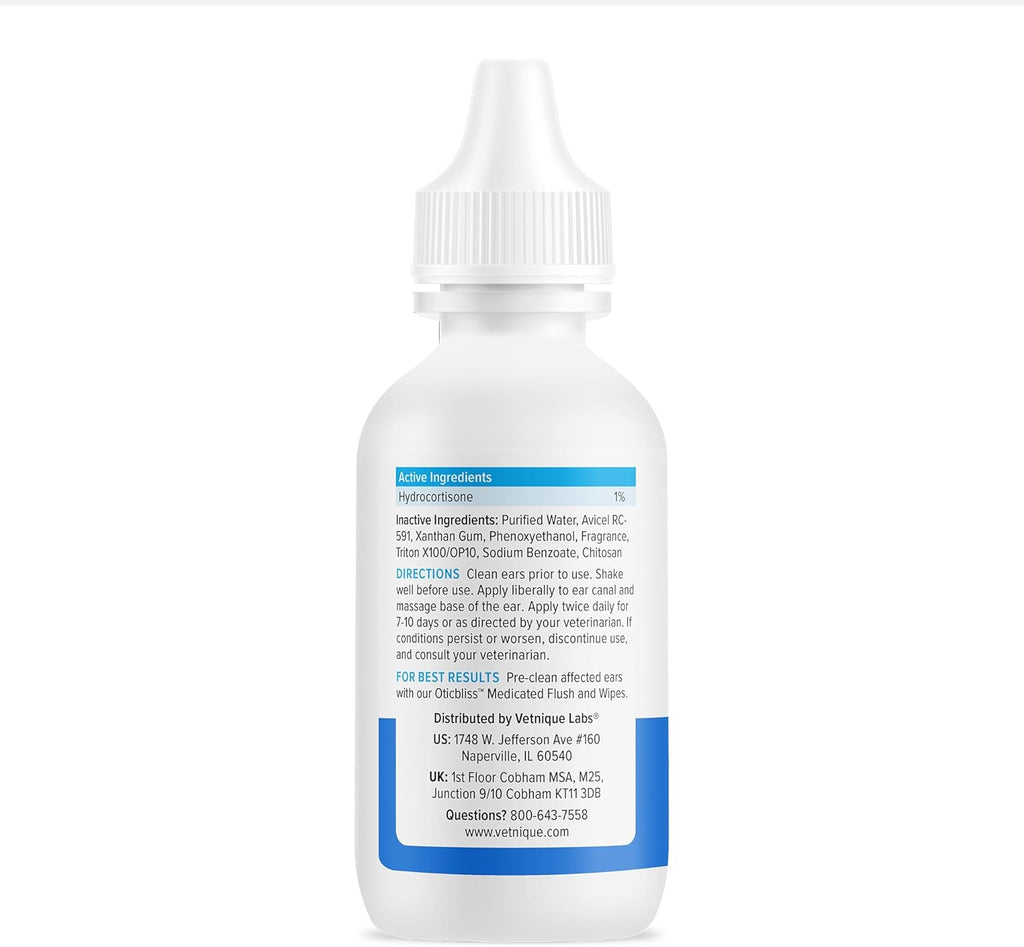 Vetnique Oticbliss Medicated Cat & Dog Ear Cleaner Drops - Dog Ear Infection Treatment with 1% Hydrocortisone to Soothe Itching, Redness, & Swelling - Vet Recommended