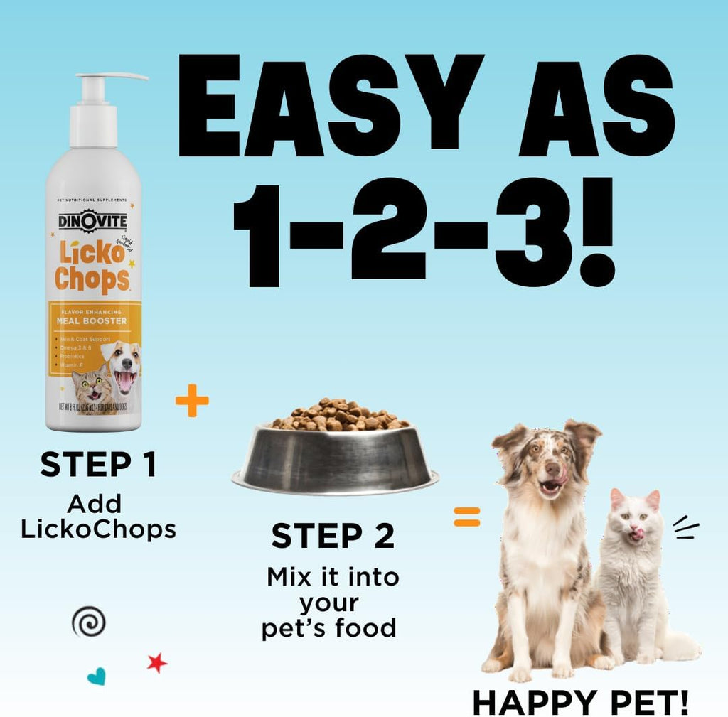 Dinovite Lickochops for Dog & Cat Supplement Enhanced with Omega-6, 3 Fatty Acids, Probiotics and Vitamin E, 16 oz with Pump