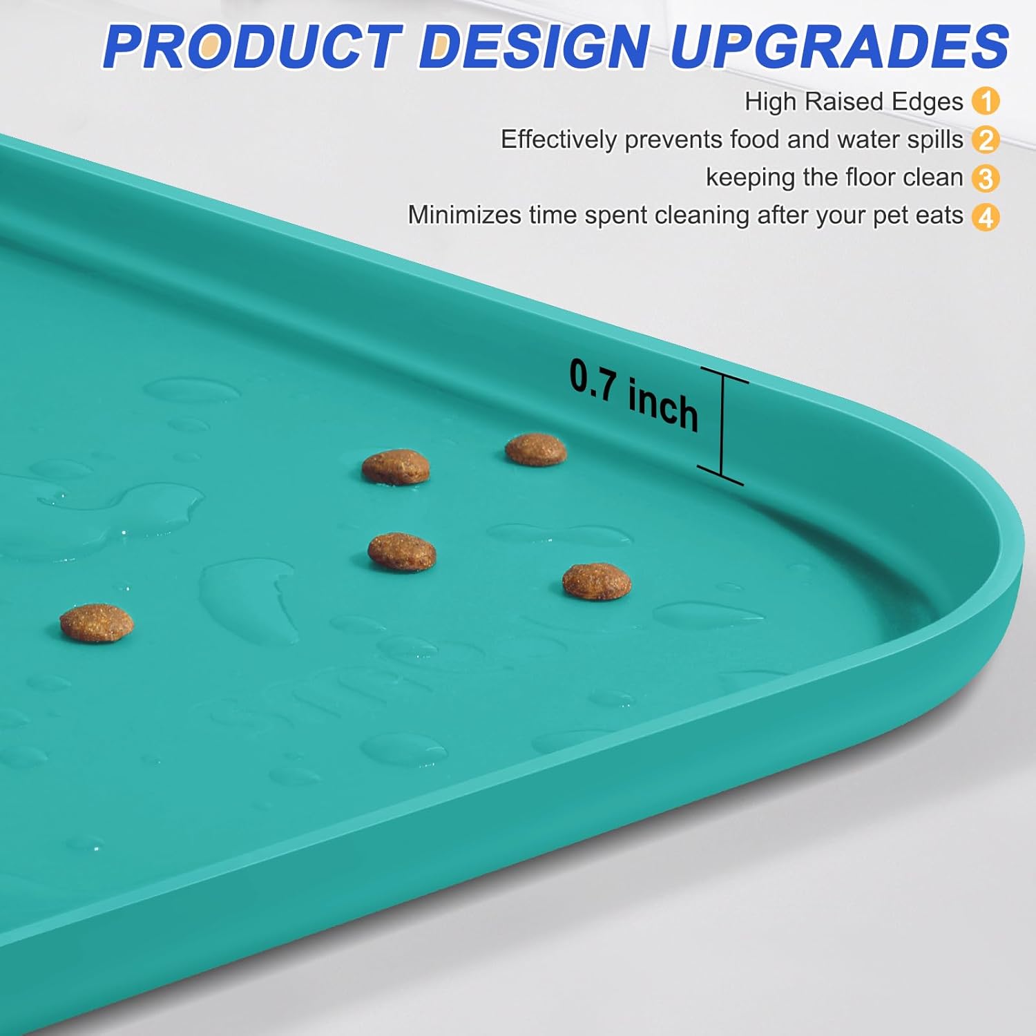 Silicone Pet Feeding Mat with Raised Edge for Food and Water, Dog Bowl Mats, Cat Bowls Placemat with High Lip for Floor Waterproof, Rubber Tray for Cats and Dogs 19 x 12 x0.7 Dark Turquoise