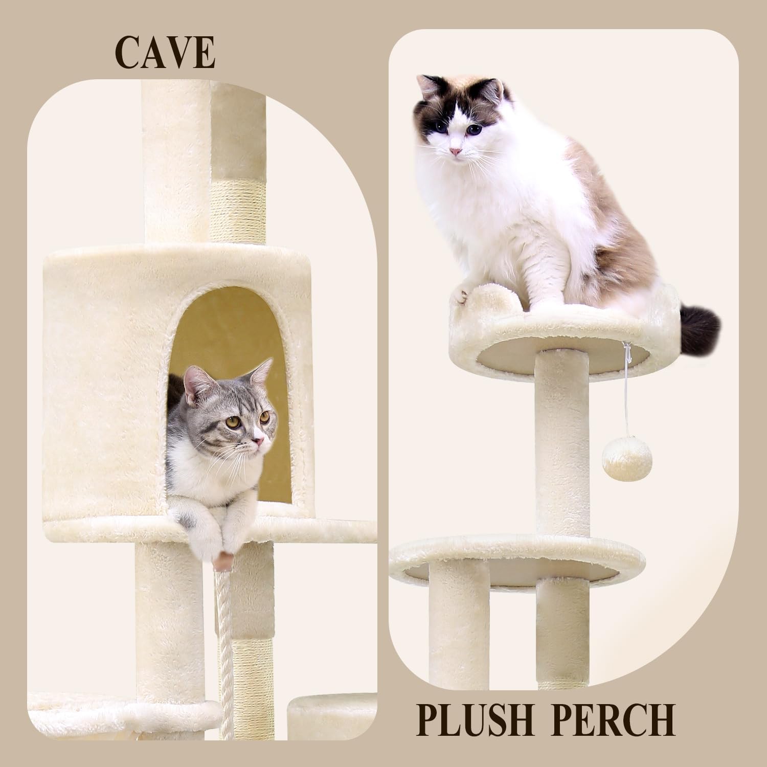 Globlazer Artistic Curved Cat Tower for Small Cats (Under 12 lbs), 81-inch Slim Design Cat Tree with Space-Saving Design, Indoor Cat Condo with Hammock & Tunnel, C81, Beige, Non-Large Cats