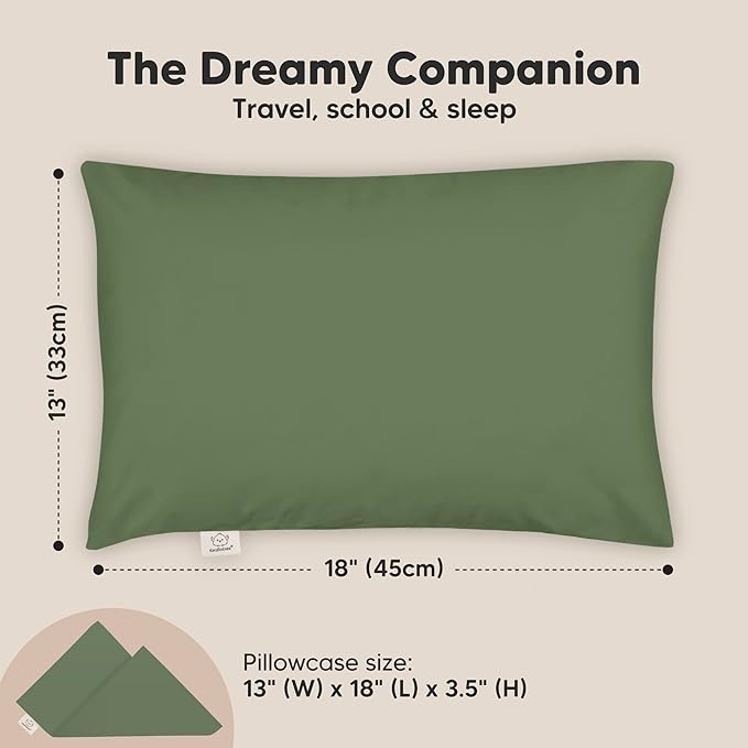 Toddler Pillow with Pillowcase - 13x18 My Little Dreamy Kids Travel Bed Pillows for Sleeping, Organic Cotton Small Pillowcase, Soft & Breathable, Machine Washable, Toddlers 2-5 years old(Jungle Green)