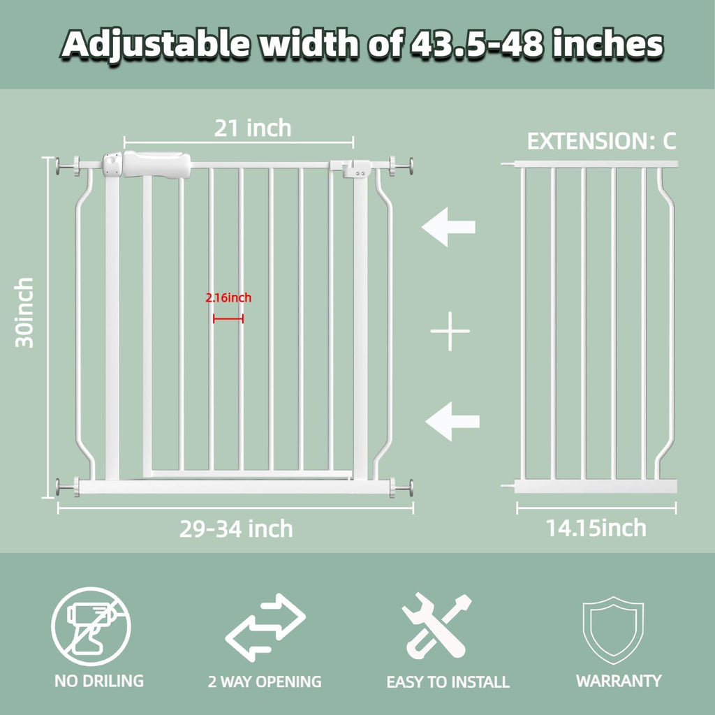 TSAYAWA Walk Through Baby Gate with Door, 43.5-48 Inch Wide Presure Mounted No Drill Metal Auto Close Child Gate for Stair Doorway - Indoor Outdoor Safty Gate for Toddler Dog Doggie, White