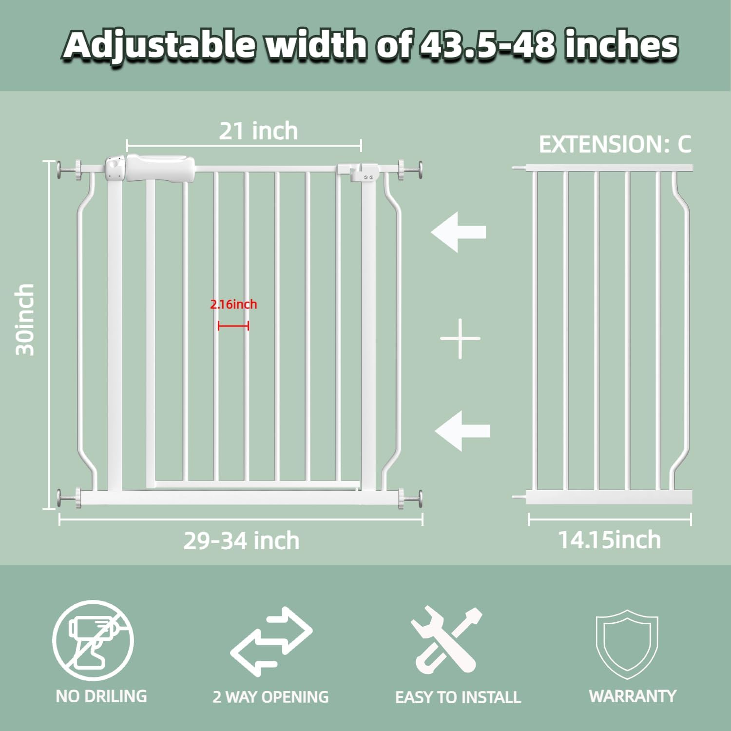 TSAYAWA Walk Through Baby Gate with Door, 43.5-48 Inch Wide Presure Mounted No Drill Metal Auto Close Child Gate for Stair Doorway - Indoor Outdoor Safty Gate for Toddler Dog Doggie, White