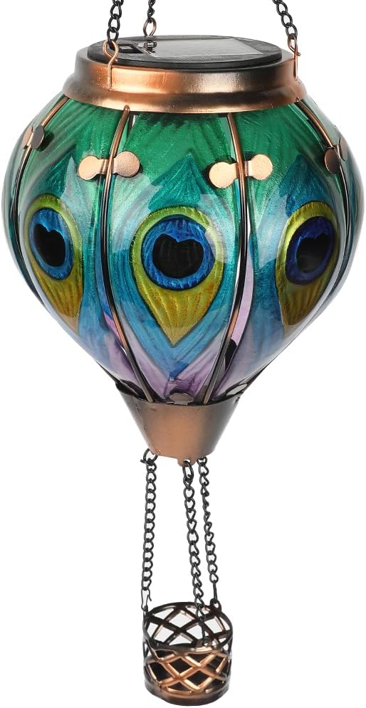 Hot Air Balloon Solar Lantern, Peacock Hanginng Lights, Glass Solar Lantern Waterproof for Outdoor Garden Decor