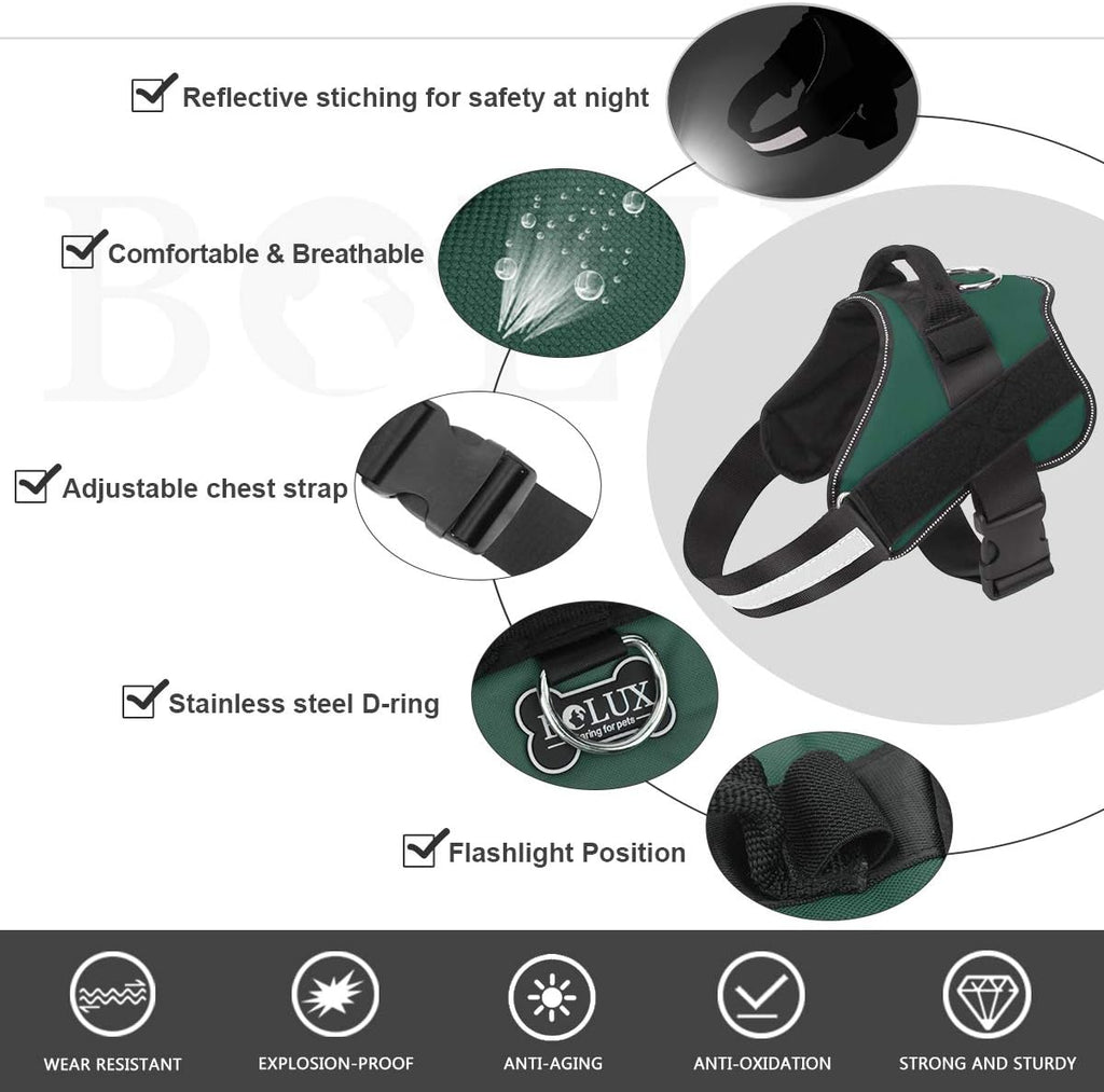 Bolux Dog Harness, No-Pull Reflective Dog Vest, Breathable Adjustable Pet Harness with Handle for Outdoor Walking - No More Pulling, Tugging or Choking (Dark Green, L)