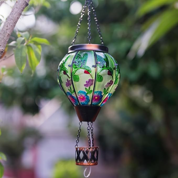 Starsoul Hummingbird Hot Air Balloon Solar Lantern with Candle Holder Glass Outdoor Solar Hot Air Balloon Flickering Flame Lamp Hanging Garden Light Waterproof for Lawn Porch Tree Yard Decorations