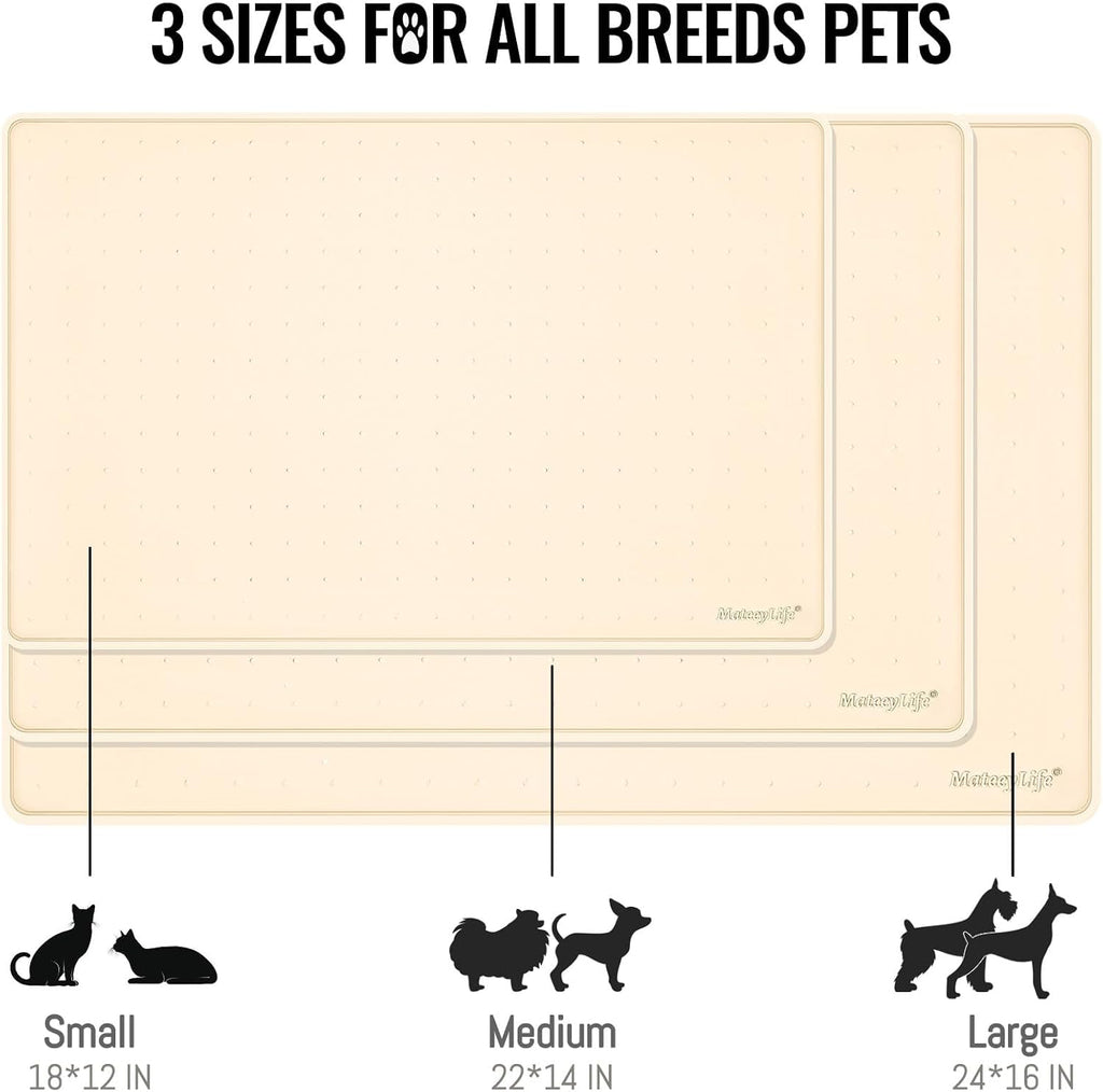 MateeyLife Dog & Cat Food Mat for Floors Waterproof, Nonslip Pets Bowl Mats for Dining and Drinking, Dogs Feeding Mats with Raised Edges, Silicone Cats Matt Tray for Messy Drinkers, 24"x16", Beige