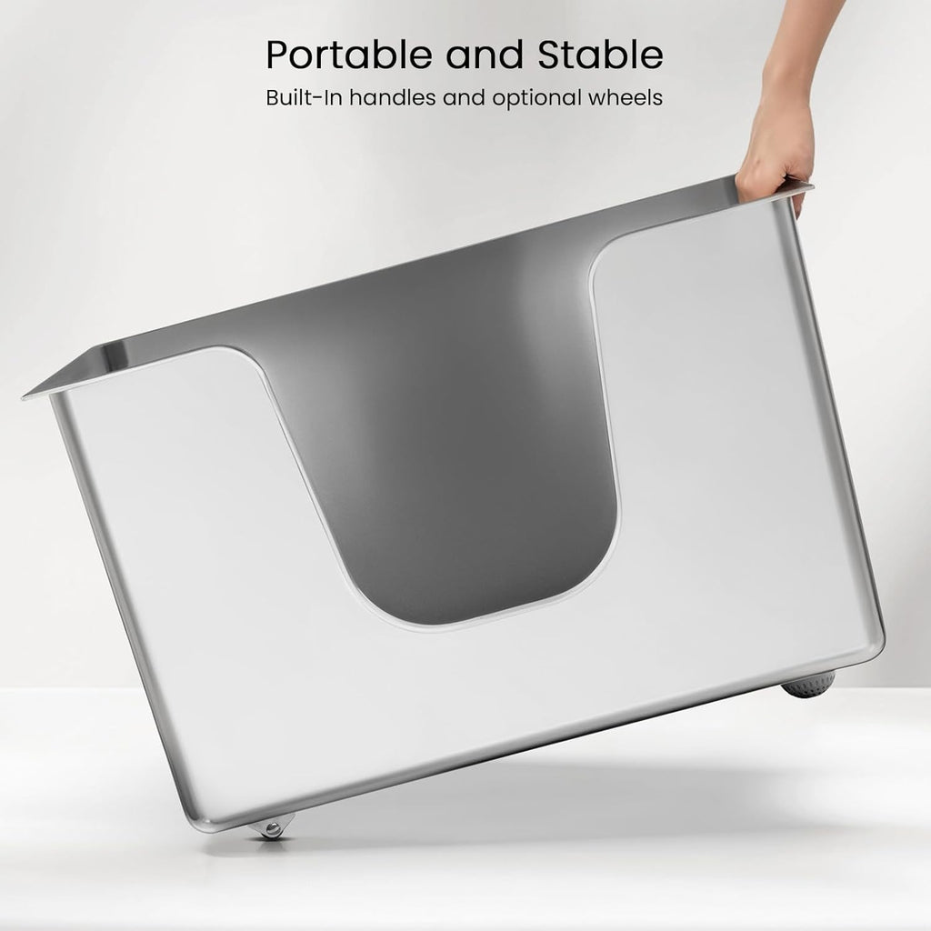Stainless Steel Cat Litter Box 11.8” High Sides, Large Metal Litter Box with Low Entry for Big Cats, Leak-Proof Pet Toilet Kitty Litter Pan with Wheels for Mobility, Easy to Clean & Non-Stick