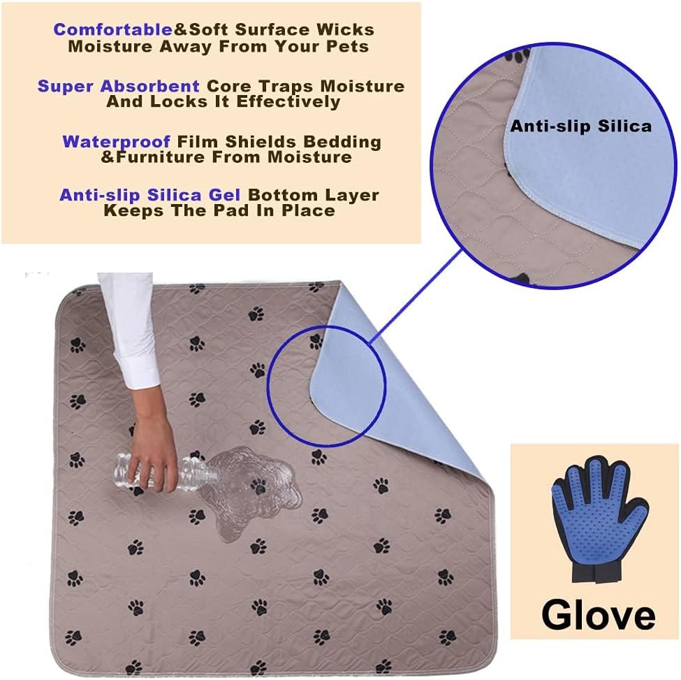 SincoPet Washable Dog Pee Pads with Puppy Grooming Gloves,Puppy Pads,Reusable Pet Training Pads,Large Dog Pee Pad,Waterproof Pet pads for dog Bed Mat,Super Absorbing Whelping Pads, Brown