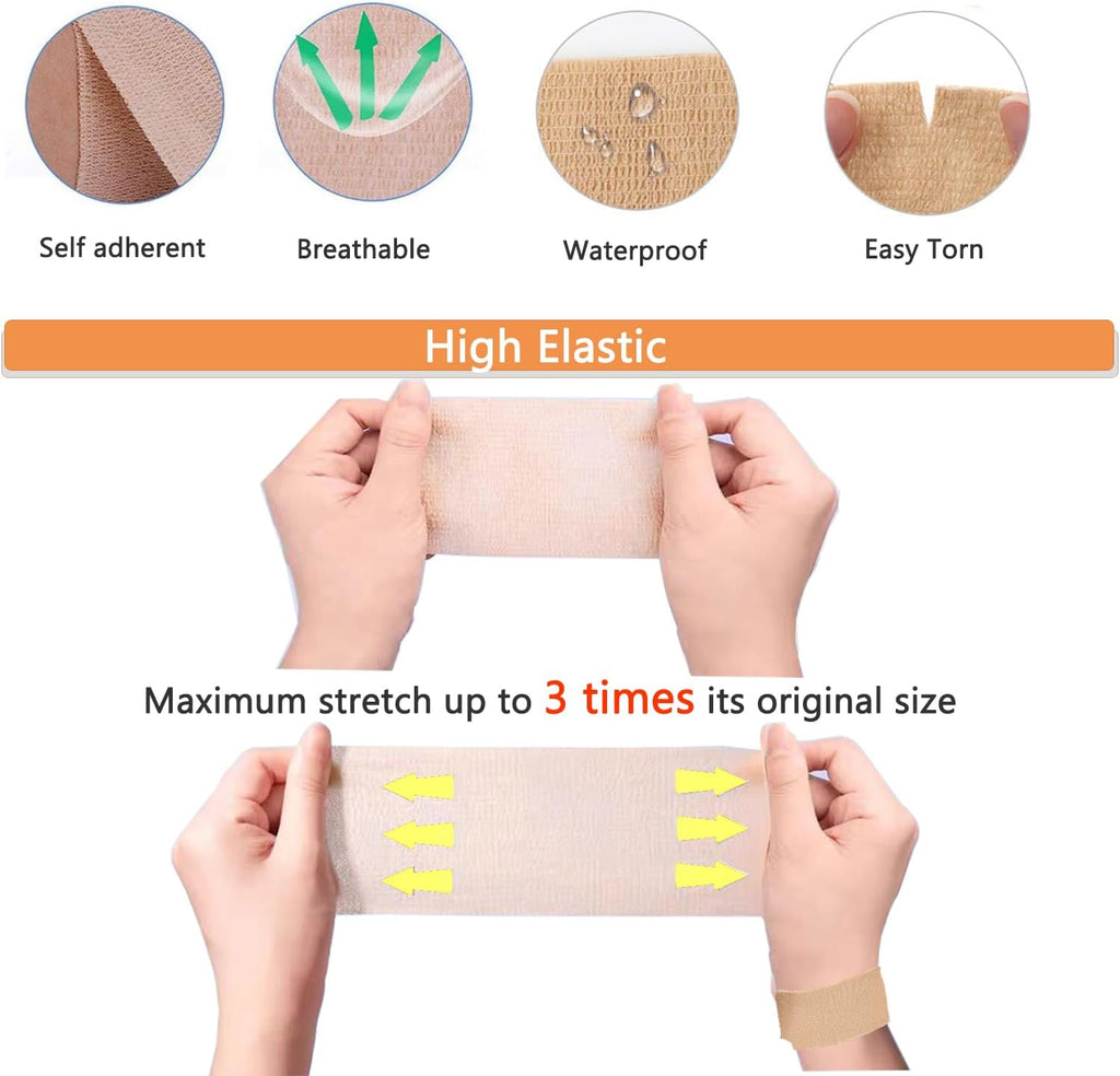 Self Adhesive Tape Wrap 15Rolls,Non-Woven Self Adherent Vet Wrap Tape,5CM x 5Yard | Cohesive Bandage Tape for Wrist & Ankle,Elastic Grip Cover (Skincolor-15Rolls)