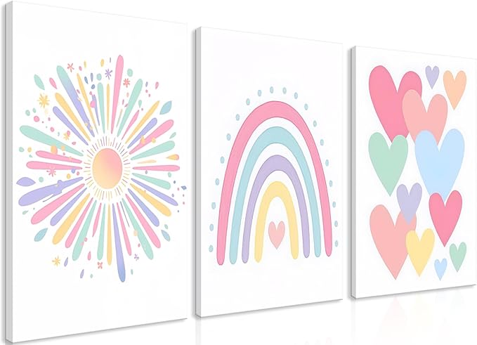 Dytial 3 Piece Toddler Girl Room Decor, Rainbow Wall Decor for Girls Bedroom, Colorful Boho Sunshine Paintings for Nursery Decor, Kids Room Wall Decor, Classroom Decoration 16x24 Inch