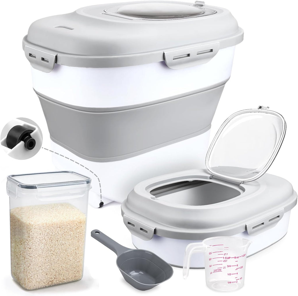 Rice Storage Bin Cereal Containers, 13-50lb Collapsible Rice Container Dispenser with Transparent Lid, Rolling Wheels, Measuring Cup and Scoop, Airtight Dog Cat Pet Food Storage Container White