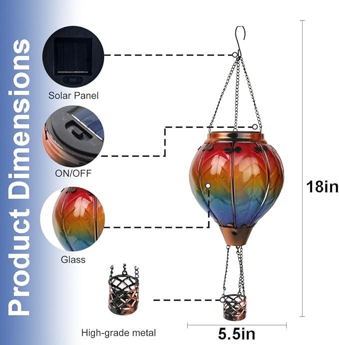 Hot Air Balloon Solar Lantern with Flickering Flame, Glass Hanging Garden Lights Outdoor Waterproof for Tree Yard Patio Mother's Day Gift, 18" H