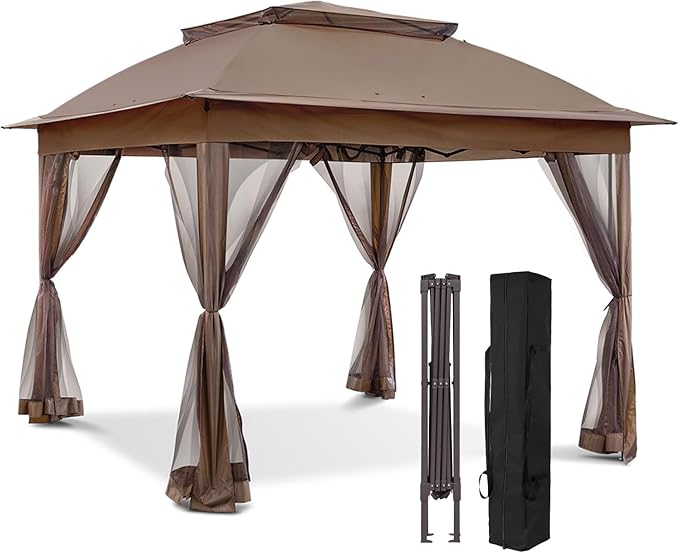 EAGLE PEAK 11x11 Pop Up Gazebo with Mesh Netting, Easy Up Screened Canopy for Patio and Backyard, Easy Set up Outdoor Gazebo (Brown)