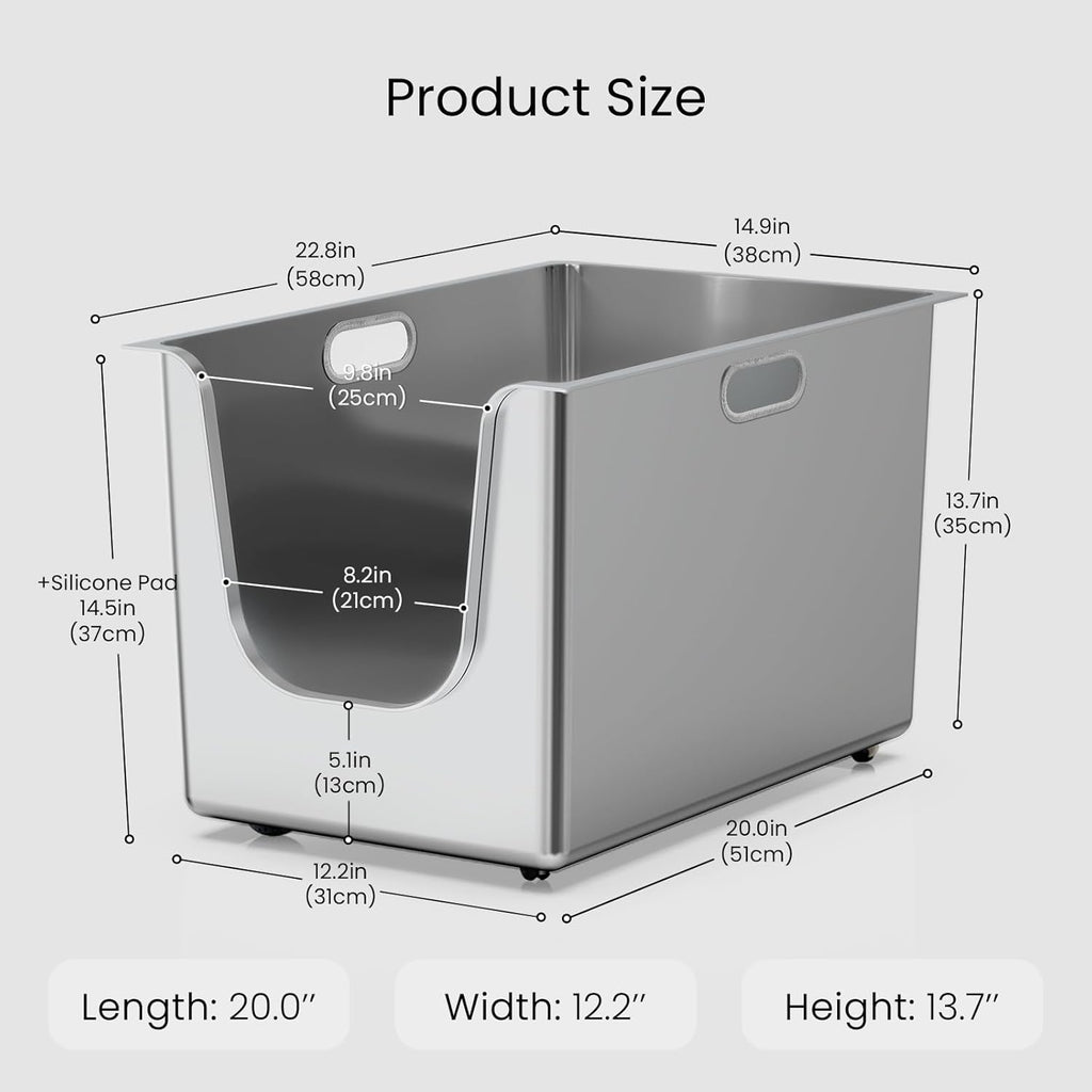 Stainless Steel Litter Box 13.7'' High Sides, XL Metal Cat Litter Box with Curved Low Entry, Cat Litter Pan for Big & Multiple Cats, Pet Toliet with Handy Wheels for Easy Moving