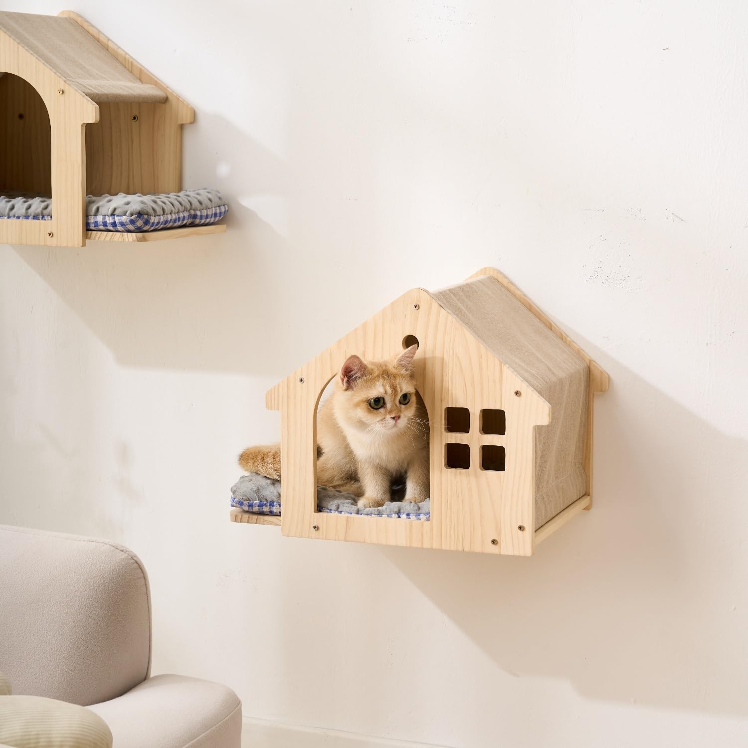 SHENGOCASE Natural Wood Cat Wall Shelves Bed, 2-Pack, Wall-Mounted Box House Perch, Cat Condo Furniture with Washable Pillow Cushions