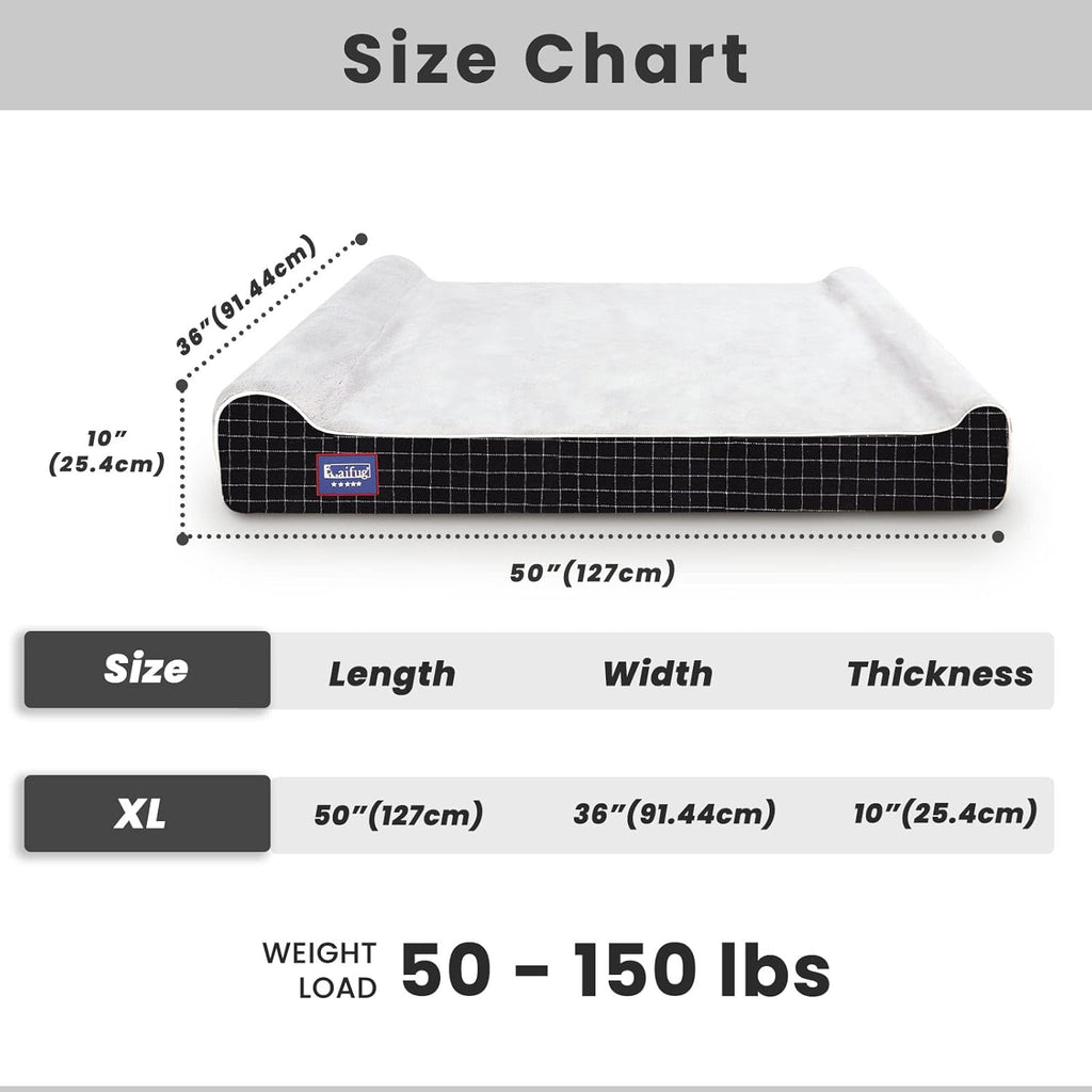 Laifug Orthopedic Memory Foam Extra Large Dog Bed with Pillow and Durable Water Proof Liner & Removable Washable Cover & Smart Design (Jumbo (50"x36"x10"), Black Grid Gray)