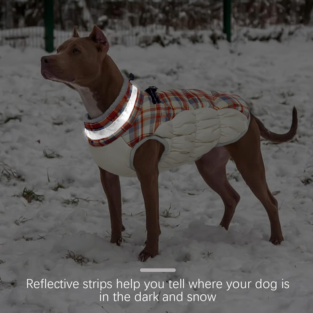 FUAMEY Dog Coat for Small Dogs,Waterproof Dog Winter Jacket with Harness Built in Puppy Cold Weather Coats Reflective Pet Vest with Zipper Warm Fleece Dogs Snowsuit Windproof Red Plaid S