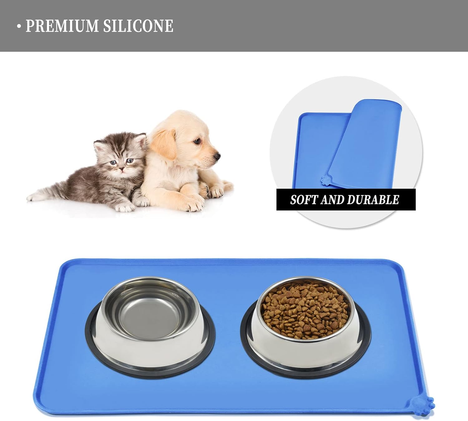 Waterproof Pet Feeding Mat with High Raised Edges, Heavier and Thicker Placemats for Cat Dog Water Bowl with BPA Free, Dogs Cats Food Mats for Messy Drinkers to Prevent Spill and Protect Floors
