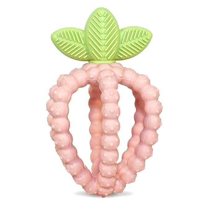 RaZbaby Bites Silicone Baby Teething Toy – Sensory Toy with Textured BerryBumps for Teething Relief, Easy-to-Hold Fruit Shape, BPA-Free, Soothes Front & Back Teeth – Gift for Babies, 3 Months+, Pink
