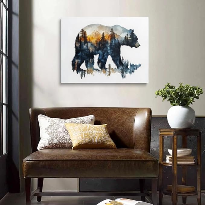 Bear Silhouette with Mountain Landscape Canvas Wall Art - Framed Nature Inspired Painting, Wildlife Forest Scene Wall Decor Artwork for Living Room, Cabin, Bedroom, Office (12x16 Inches)