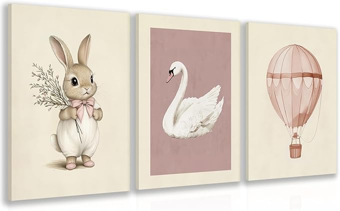 kilamino Pink Baby Girl Nursery Wall Art, Neutral Cute Rabbit and Swan Wall Decor, Vintage Hot Air Balloon Poster Prints, Pastel Bunny Animals Canvas Paintings for Baby Room Playroom Framed 16"x24"x3