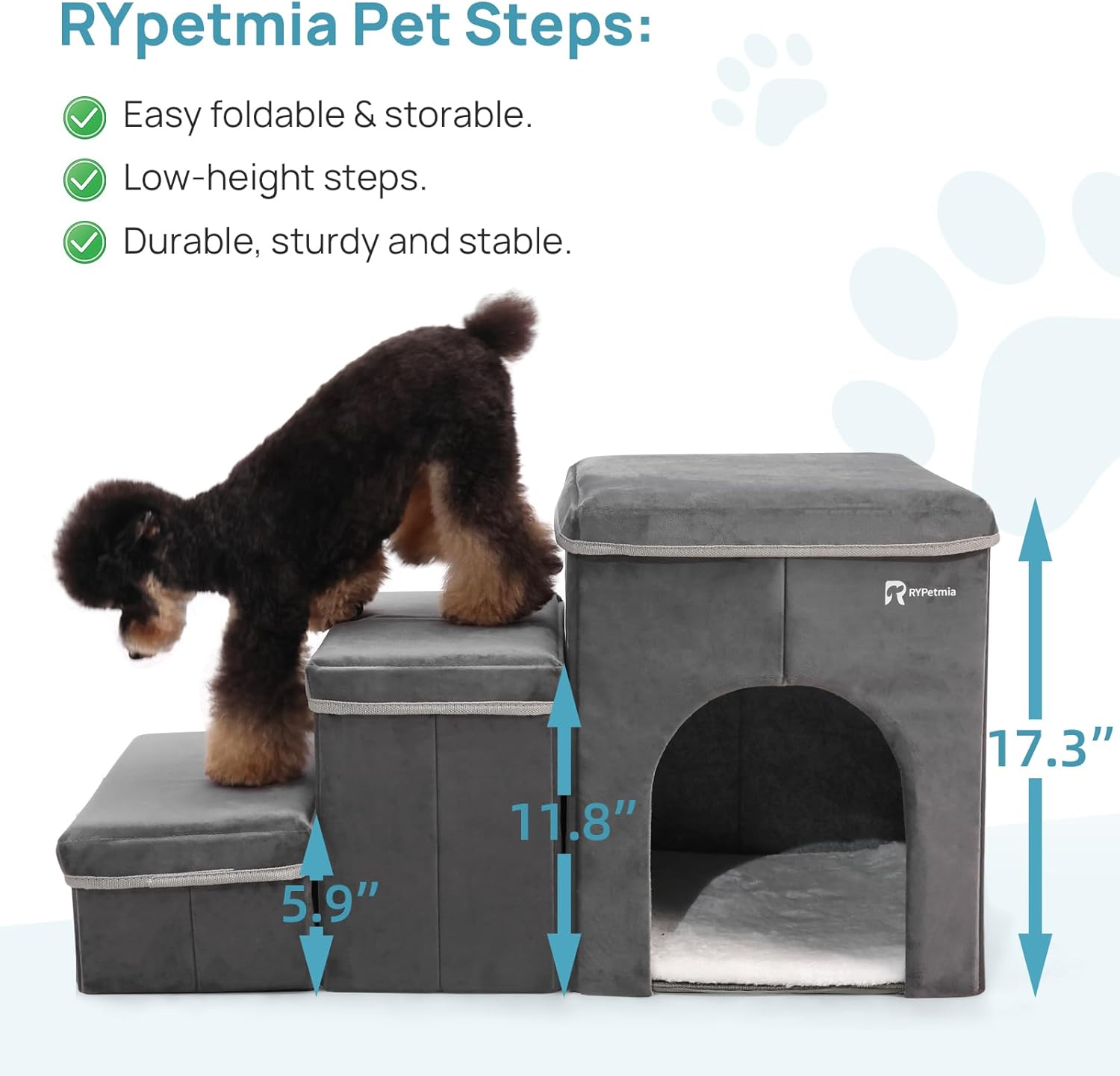 Foldable Pet Stairs for Beds & Sofas - Non-Slip Dog Steps with Storage for Small to Medium Dogs & Cats, Supports up to 120 lbs - Durable 2 & 3-Step Doggie Ladder for Easy Access