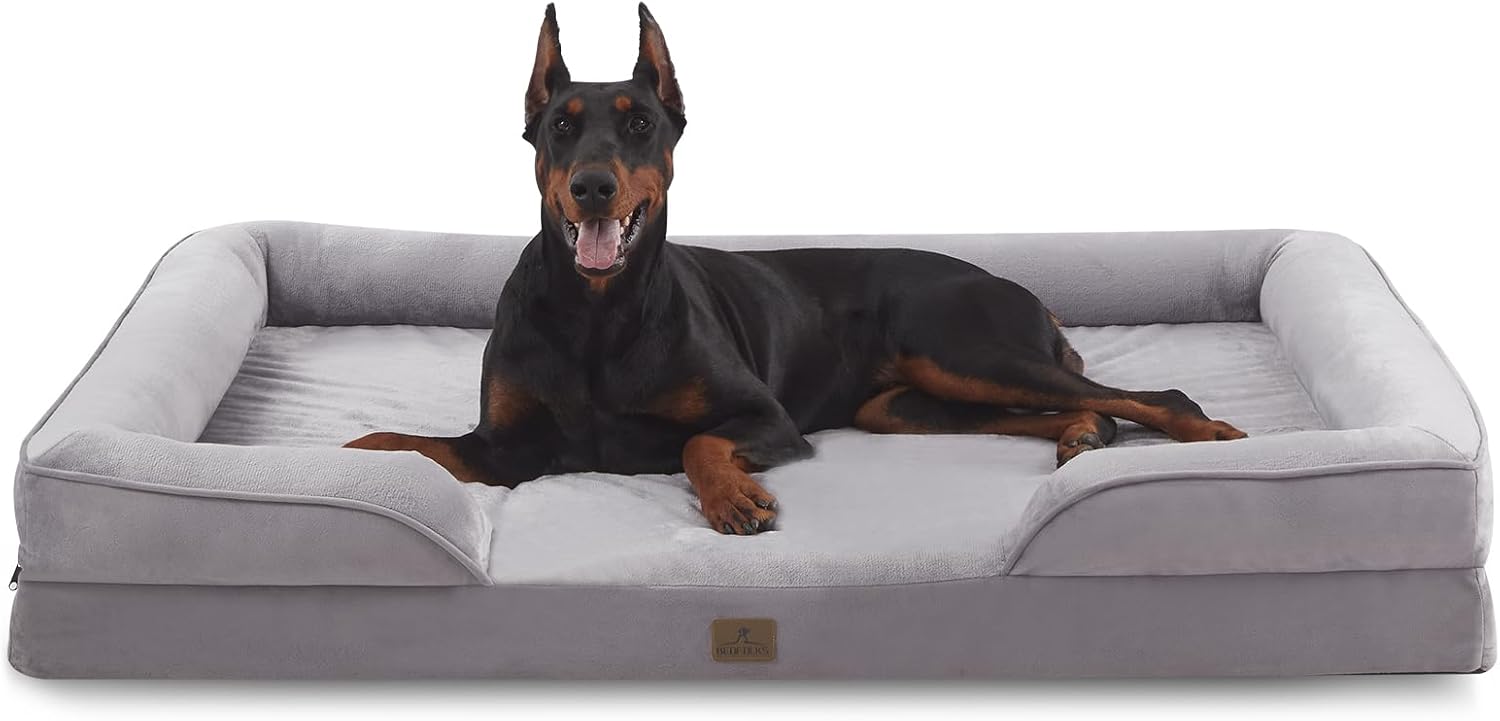 Bedfolks Orthopedic Dog Bed XXL, Waterproof Dog Sofa Bed for Giant Dogs, Egg Foam Pet Couch Bed with Removable Washable Cover and Nonslip Bottom, Light Grey