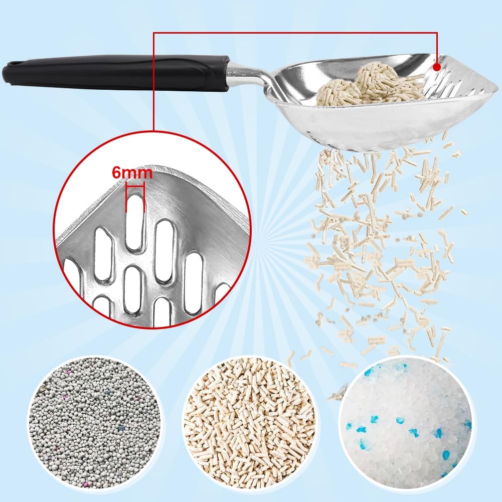 Cat Litter Scoop,Long Handle Cat Scooper,Stainless Steel Metal Scoop,Poop Sifting,Mesh Shovel,Suitable for Cat Litter Box(Black)