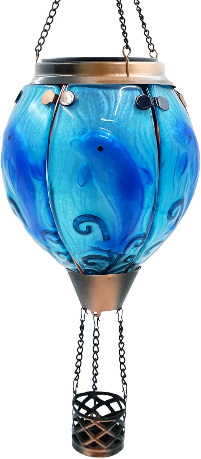Glass Solar Hot Air Balloon Lantern with Flame Hanging Garden Flickering Light Outdoor Waterproof for Yard Patio Tree Mother's Day Gift, Dolphin