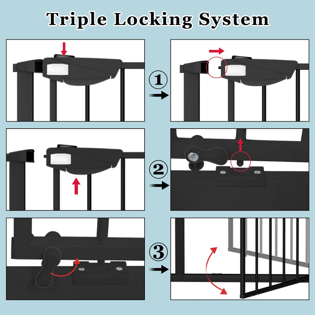 WAOWAO Triple Lock Baby Gate Extra Wide 31.1-35.04" Pressure Mounted Walk Through Swing Auto Close Safety Black Metal Dog Pet Puppy for Stairs,Doorways,Kitchen