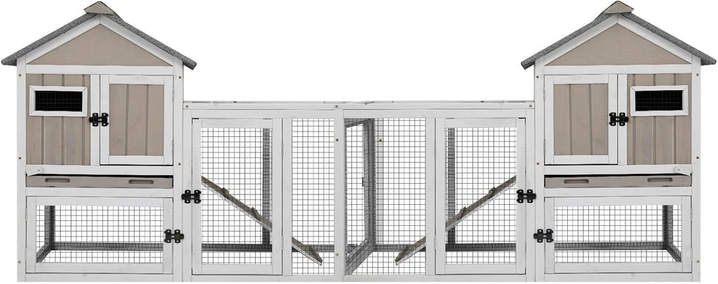 94''L Rabbit Hutch Outdoor Chicken Coop with Run, Wooden Indoor 2 Story Bunny House with Waterproof Roof, Pull Out Tray, Guinea Pig Rabbit Duck Cage for Small to Medium Animals and Pet Lover, Gray