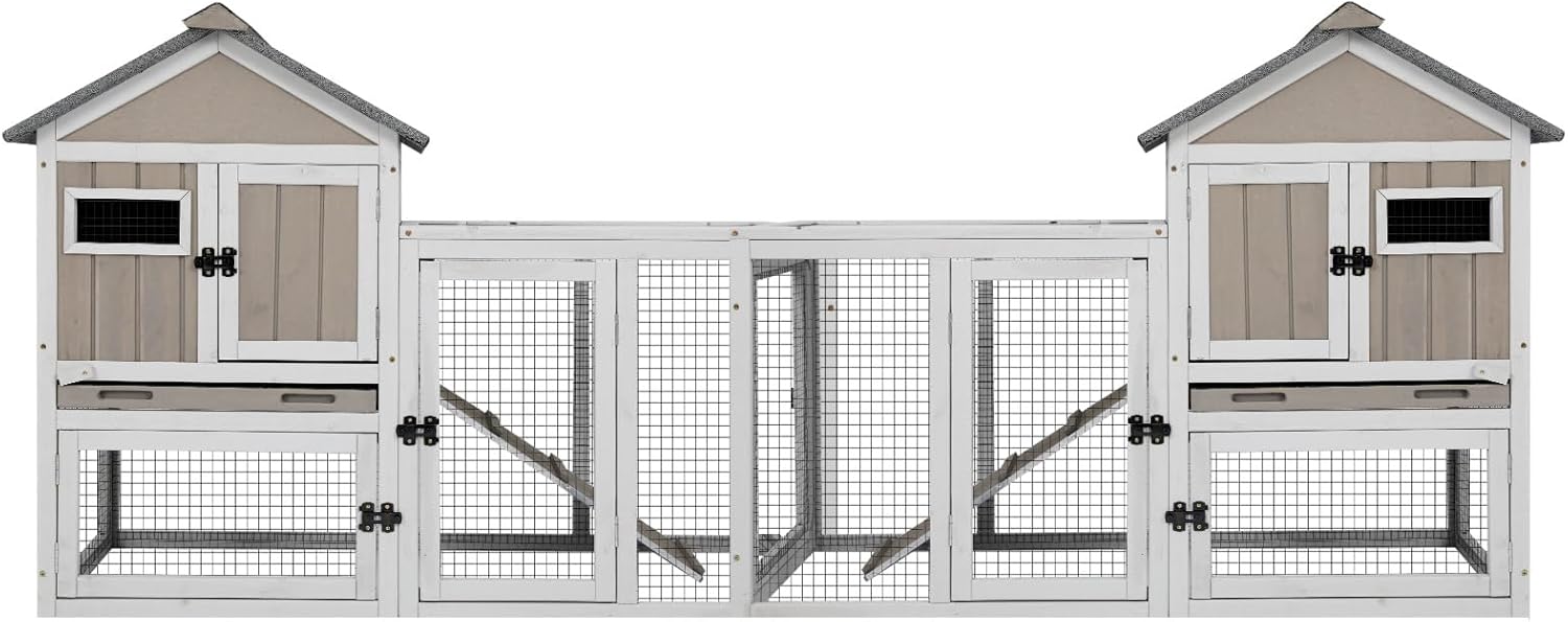 94''L Rabbit Hutch Outdoor Chicken Coop with Run, Wooden Indoor 2 Story Bunny House with Waterproof Roof, Pull Out Tray, Guinea Pig Rabbit Duck Cage for Small to Medium Animals and Pet Lover, Gray