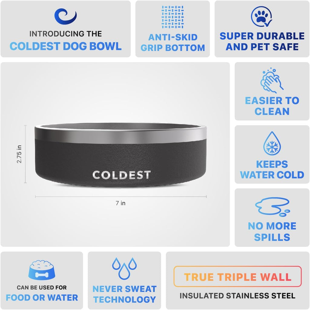 Coldest Dog Bowl - Anti Rust Metal, Non Slip, 3 Layers Insulated Stainless Steel Dog Bowls - Spill Proof & Heavy Duty - Water Bowl for Dogs, Cats & Pets, Dish Washer Safe (42 oz, Stealth Black)