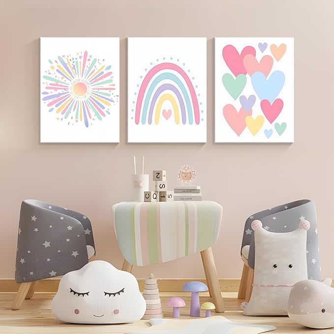 Dytial 3 Piece Toddler Girl Room Decor, Rainbow Wall Decor for Girls Bedroom, Colorful Boho Sunshine Paintings for Nursery Decor, Kids Room Wall Decor, Classroom Decoration 16x24 Inch