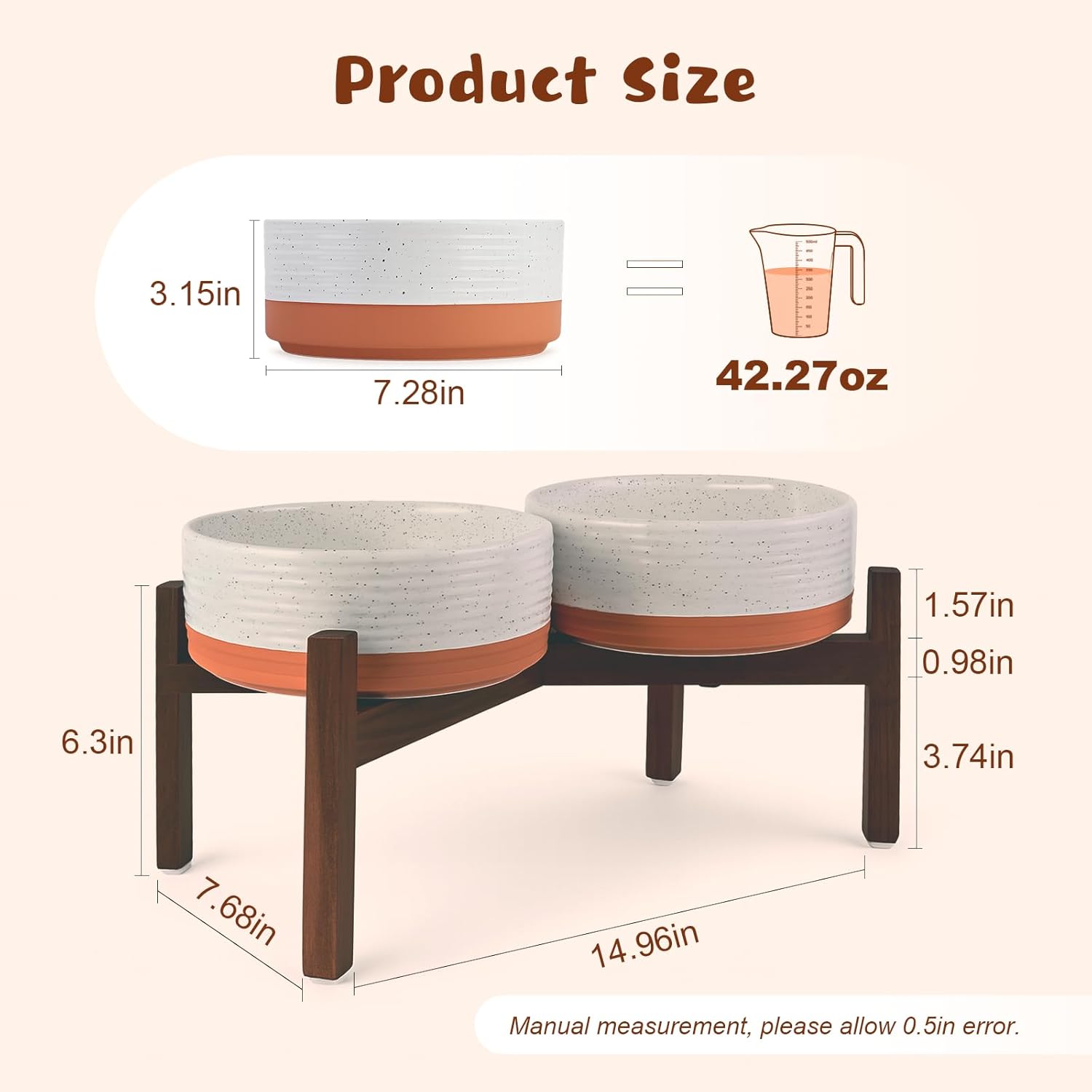SPUNKYJUNKY Ceramic Elevated Dog Bowl Set with Acacia Wood Stand for Food and Water for Medium Dog (42.27 OZ, White and Reddish Brown)