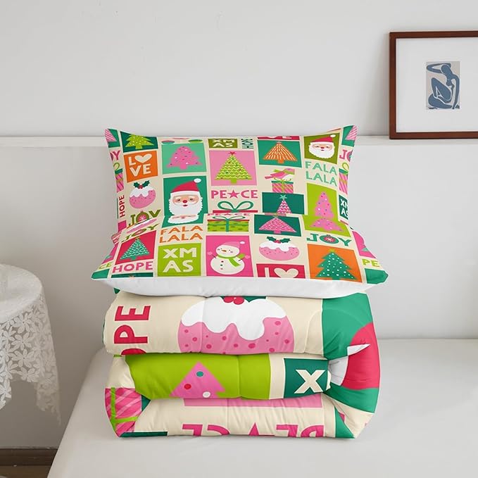 Feelyou Christmas Comforter Set Snowman Christmas Tree Print Kawaii Comforter Xmas Santa Claus Bedding Set for Kids Girls New Year Theme Quilt Set Bedroom Collection 2Pcs Twin Size