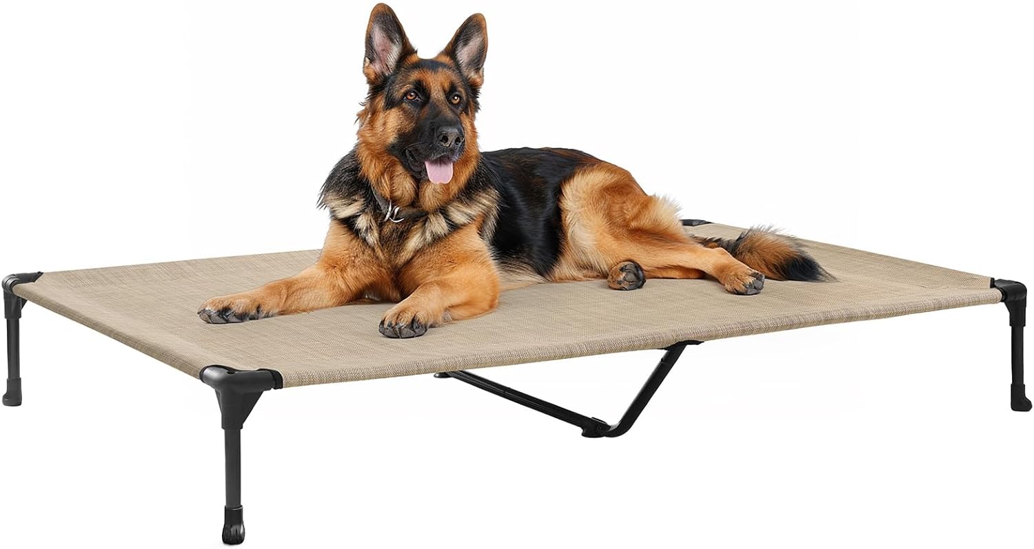 Veehoo Outdoor Elevated Dog Cot Bed, Cooling Raised Pet Bed for X-Large Dog, Washable Breathable Mesh Hammock Bed with No-Slip Feet, Indestructible Ground Off Training Platform Cot-49"x33"Beige Coffee