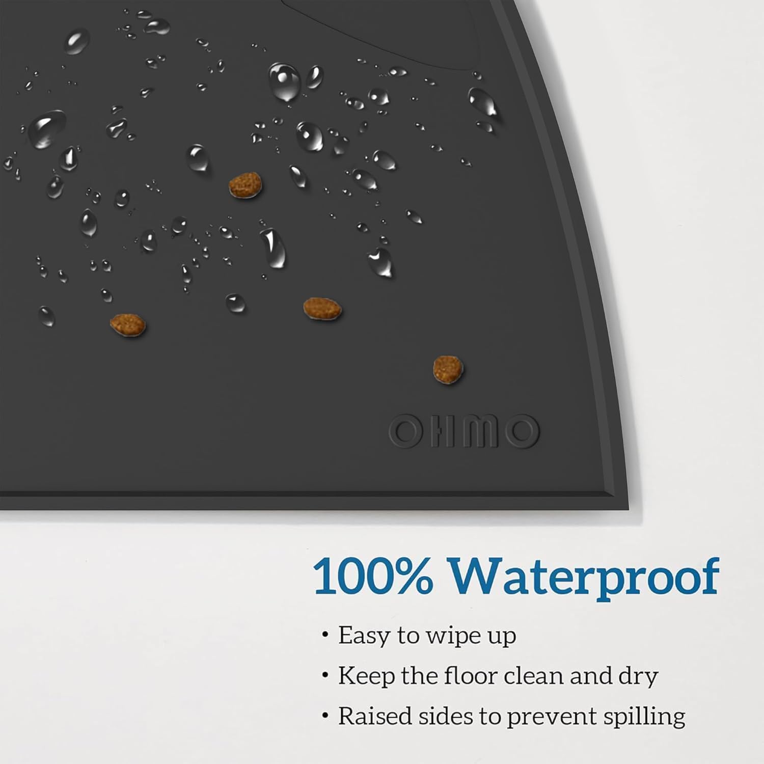 OHMO - Cat Food Mat, Silicone Pet Feeding Mat for Floor Non-Skid Waterproof Dog Water Bowl Tray, Easy to Clean Pet Placemat (Black, 20 * 12'')