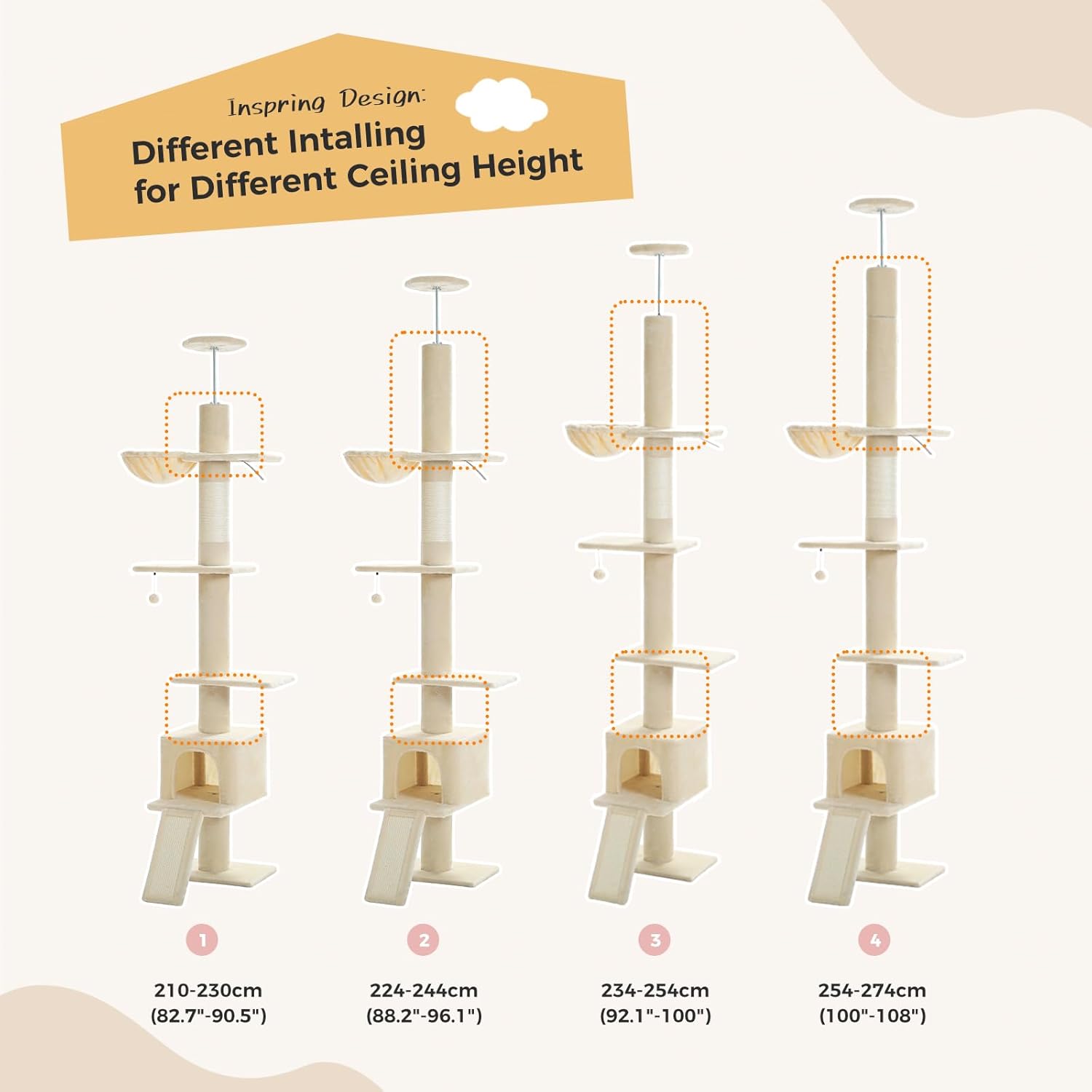 PEQULTI Floor to Ceiling Cat Tree, Tall Cat Tower, Adjustable Height (83''-108'') 5 Levels Climbing Tree for Indoor Cats with Cat Condo, Cozy Hammock and Scratching Post, Beige