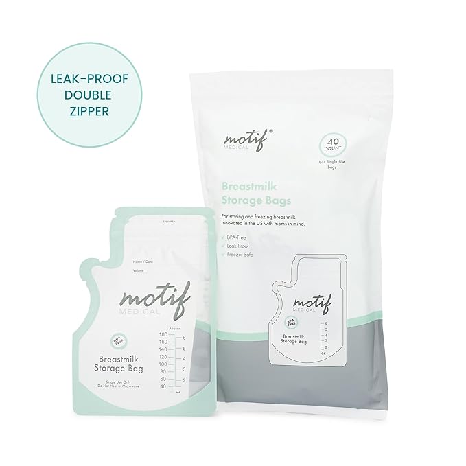 Motif Medical Breastmilk Storage Bags - Freezer Bag w/Easy Pour Spout, Write-On Label - Leak-Proof Double Zipper Milk Bags for Breastmilk - Breastfeeding Mom Gifts (6 oz, 300 Count)