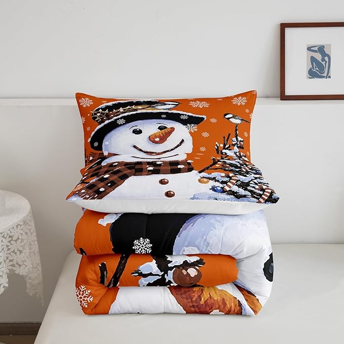 Feelyou Kids Christmas Theme Decorations Bedding Set Xmas Snowman Comforter Set for Boys Girls Snowflake Kawaii Cute Comforter Pumpkin Orange Quilt Set Bedroom Collection Toddler Size