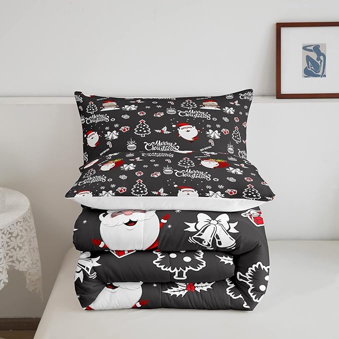 Christmas Comforter 3 Pieces Santa Claus Comforter Set White Snowflake Christmas Printed Xmas Festival Bedding Set with 2 Pillowcases (King, Grey Black)