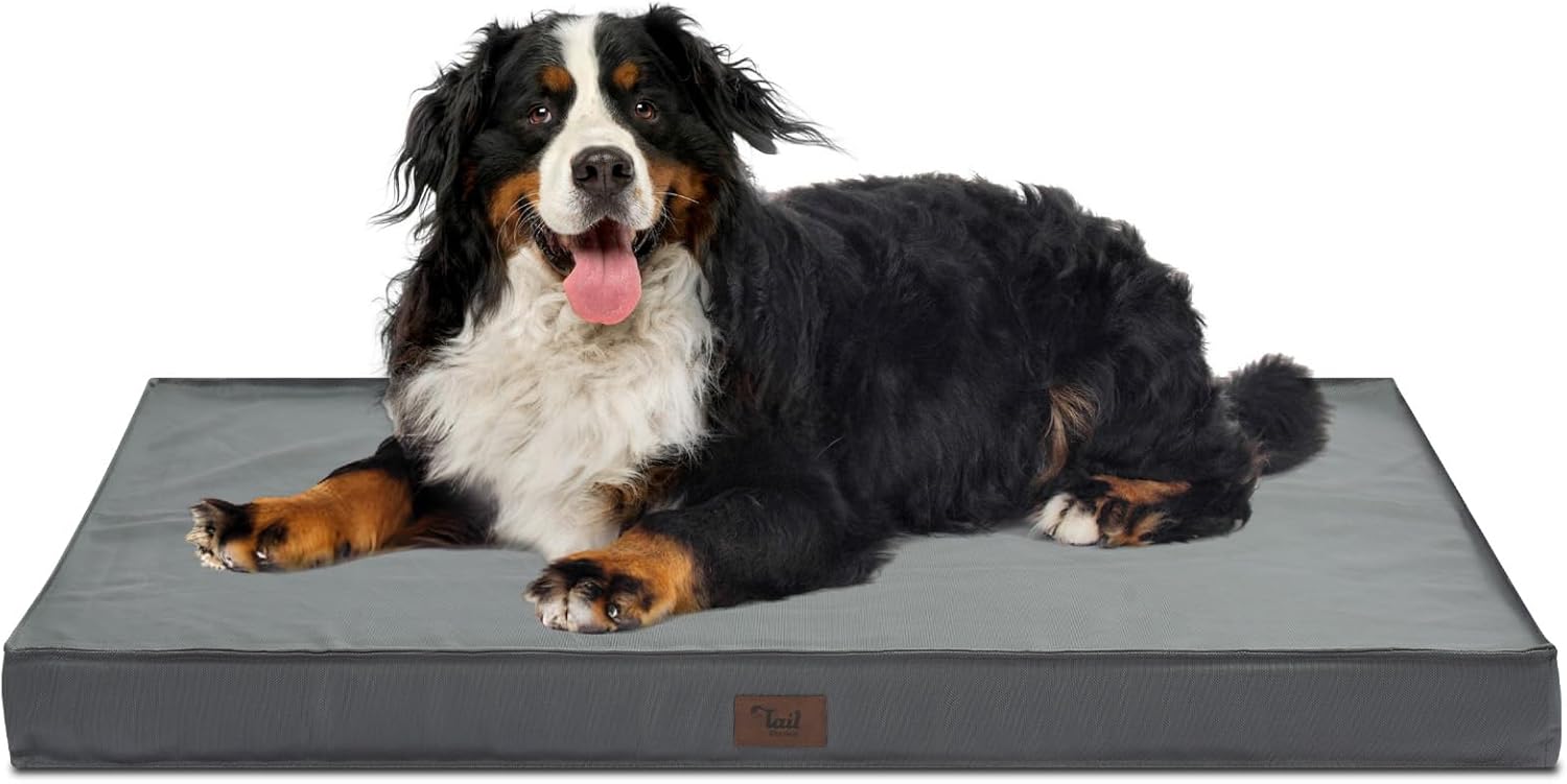 Outdoor Extra Large Dog Crate Bed, Big Waterproof Dog Bed for Large Dogs, Orthopedic Egg Foam Pet Bed Mat with Removable Cooling Cover, Grey