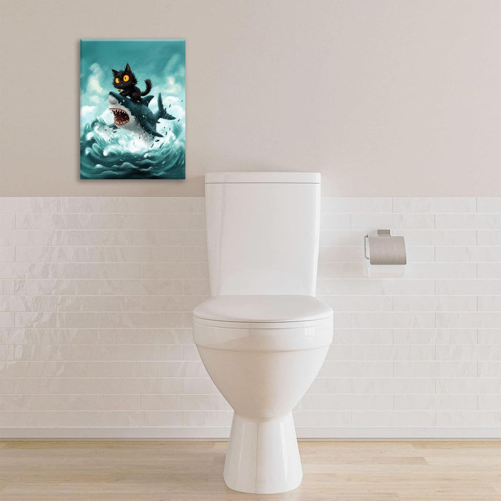 Funny Black Cat Bathroom Wall Art Cute Cat Riding Shark Canvas Wall Decor Animal Kitten Pictures Painting Print Artwork Framed Decorations Gifts for Cat Lover Kids Room Bedroom 12"x16"